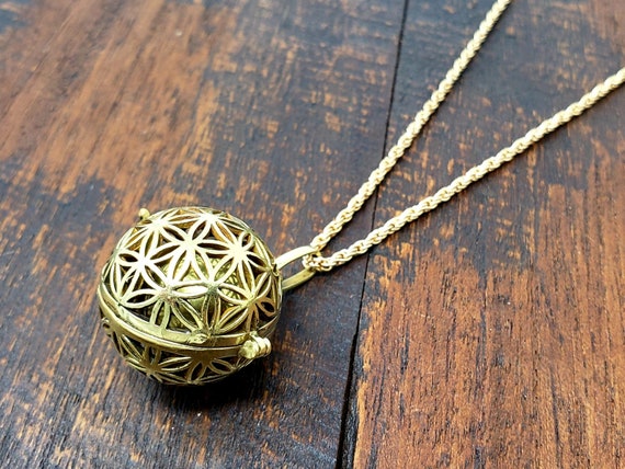 Large Gold Flower of Life Harmony Bell Cage Penda… - image 1