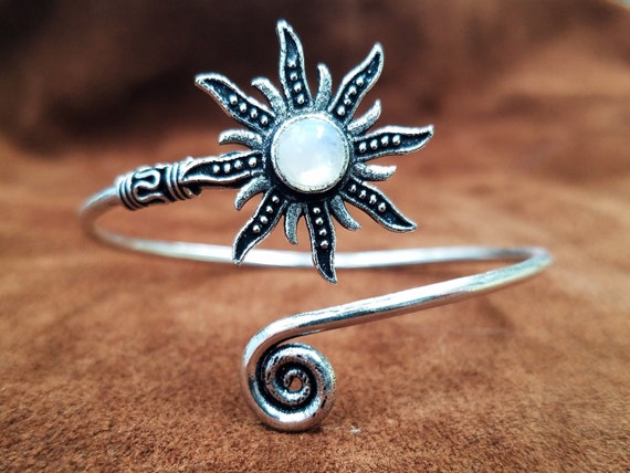 Moonstone Sun Adjustable Silver Bangle Bracelet -… - image 2