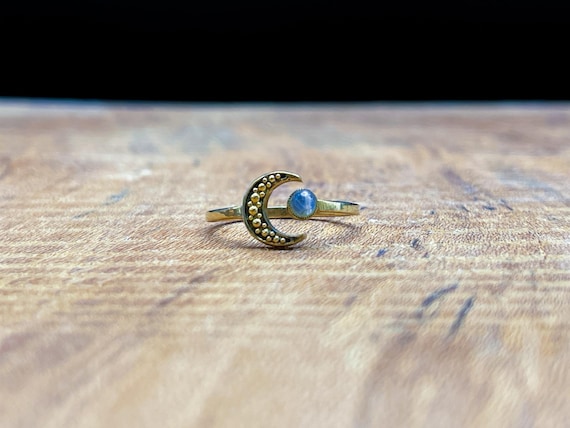 Adjustable Moonstone Crescent Ring - Brass Celest… - image 1