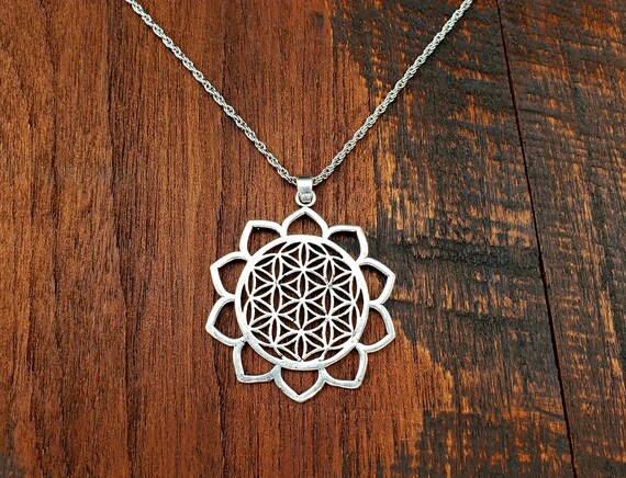 Silver Lotus Flower of Life Sacred Geometry Penda… - image 3