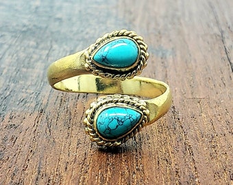 Adjustable Gold Turquoise Teardrop Ring