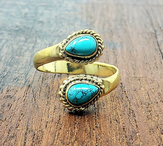 Adjustable Gold Turquoise Teardrop Ring