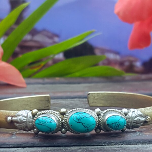 Simple Gold Tibetan Turquoise Bangle Bracelet