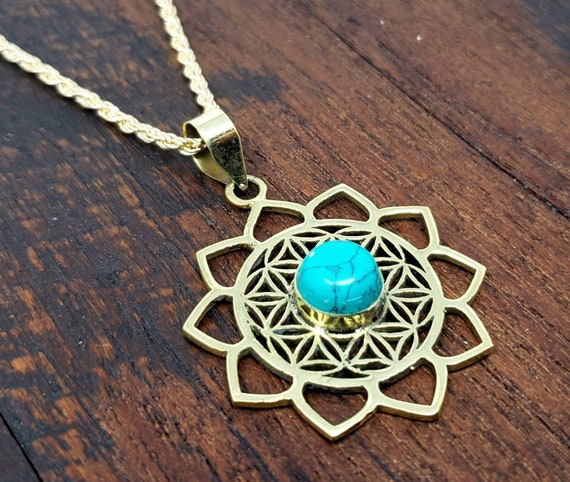 Gold Turquoise Lotus Flower of Life Sacred Geomet… - image 1