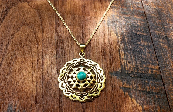 Gold Turquoise Sri Yantra Silver Pendant Necklace