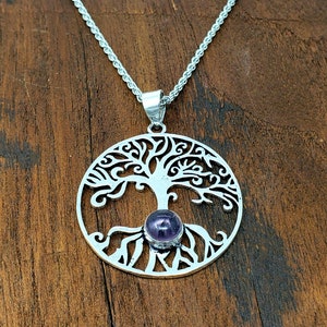 Silver Amethyst Tree of life Sacred Geometry Pendant Necklace