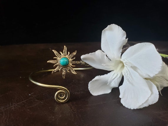 Gold Turquoise Sunburst Adjustable Bracelet Triba… - image 3