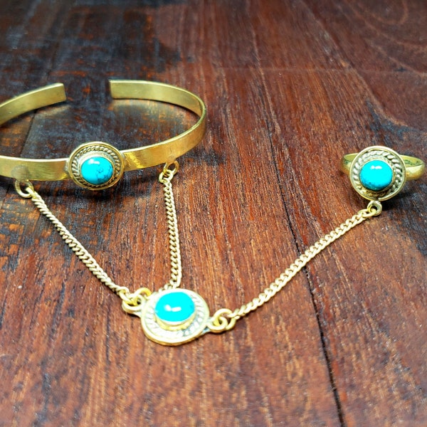 Turquoise Gold Slave Bracelet Tribal Gypsy Festival Boho Jewelry Bangle