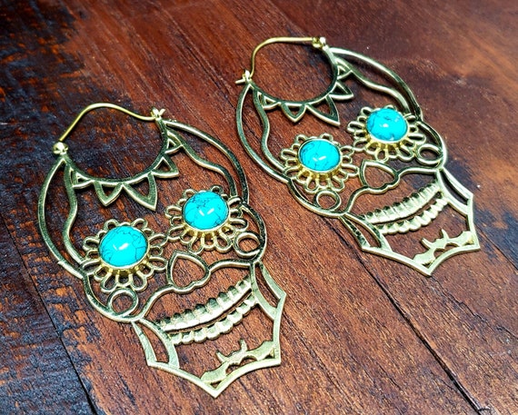 Gold Turquoise Sugar Skull Statement Earrings - image 2
