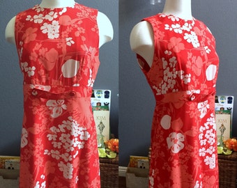 Vintage MOD style red floral sleeveless minidress. Super cute 1960's style. Size L, Bust 38 - price reduced