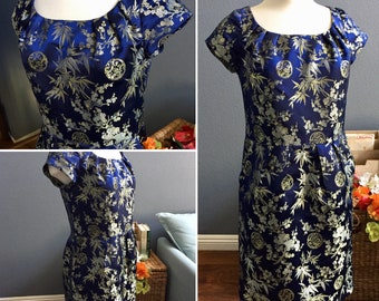 Calling Suzie Wong Cobalt Blue brocade Retro style wiggle dress, bust 36 with pockets - price reduced