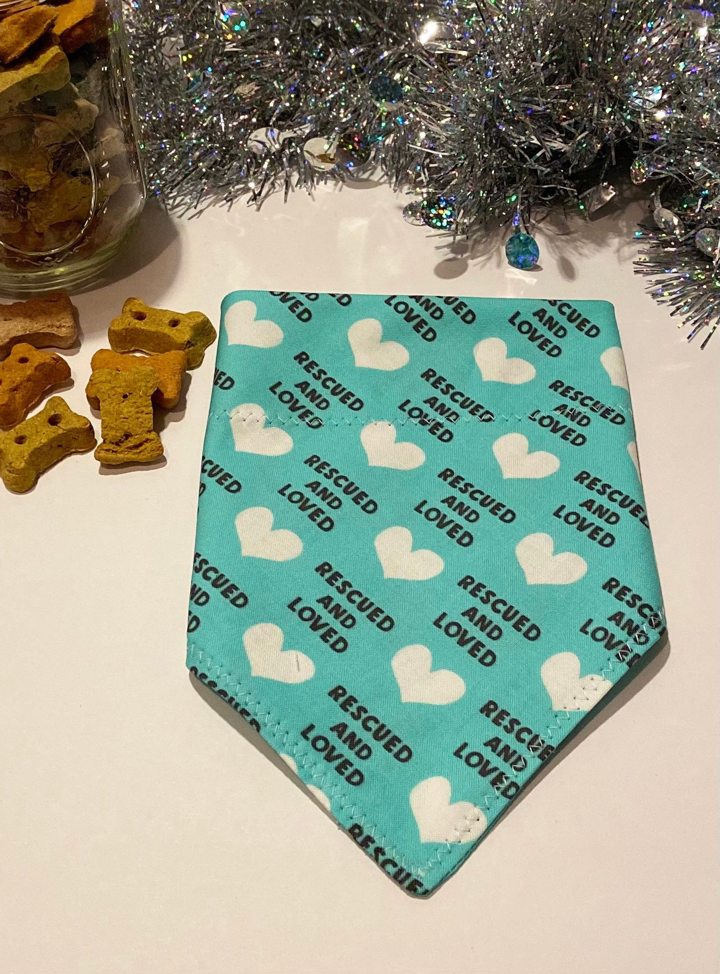 Rescued and Loved Dog bandana. Teal. Dog lover. Dog mom. Dog Etsy