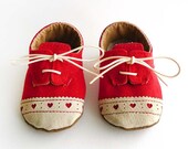 Baby Girl Shoes Red Canvas with Brogued Leather Soft Sole Shoes Oxford Wingtips Wing tips