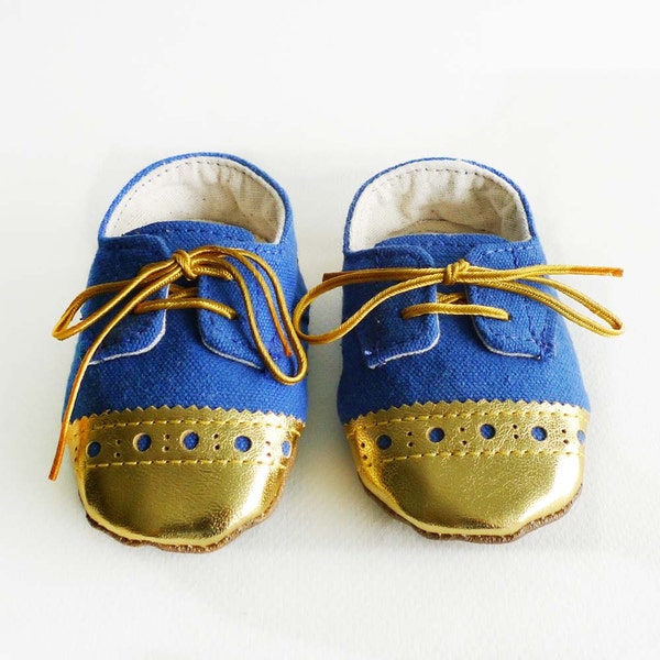 Baby Boy Toddler scarpe Royal Blue Canvas con punte traforate Gold in pelle morbida suola scarpe Oxford Wingtips Wing