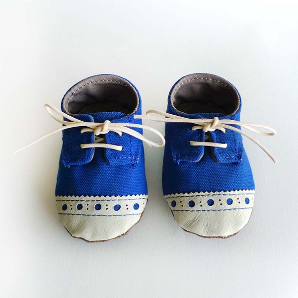 Baby Shoes Boy or Girl Royal Blue Canvas with Brogued Beige Leather Soft Sole Shoes