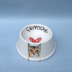 Comedero personalizado para gatos: Plato de cerámica pintado a mano con el retrato de tu mascota.