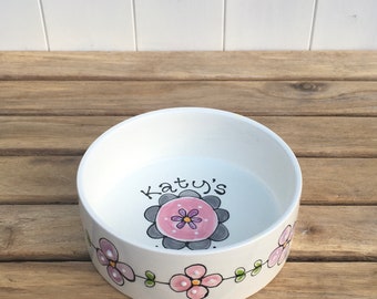 Personalised Hand painted Ceramic Dog or Cat Bowl with Flowers , Small dog bowl, Cat bowl , Flowers, Bees KILN FIRED