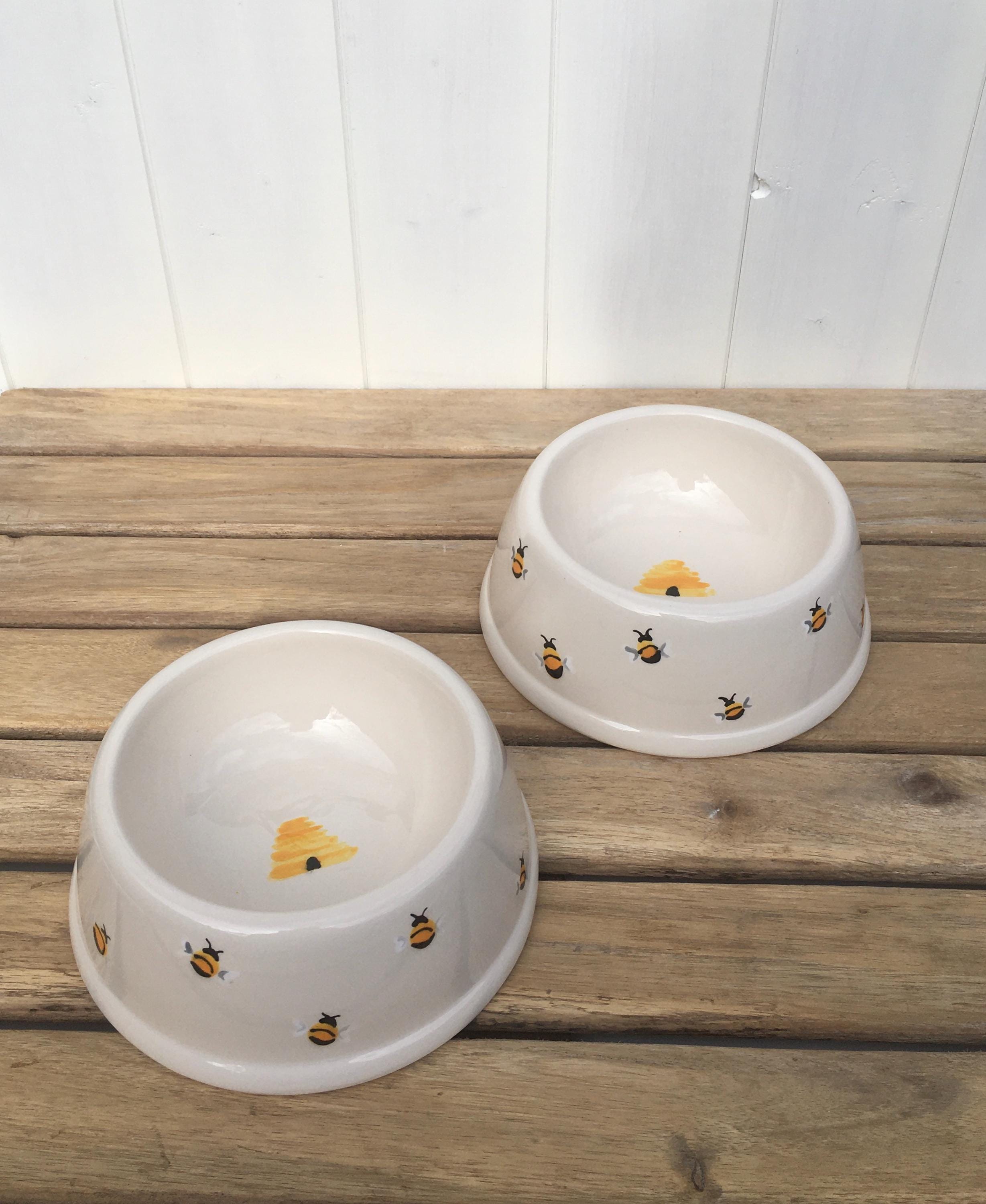 Hand Painted Honey Bee Pet Bowl: Ceramic Dog Cat Dish