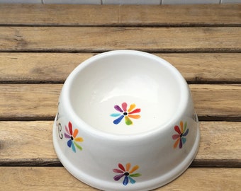 Personalized Pet Bowl with rainbow flowers, dog bowl, cat bowl,