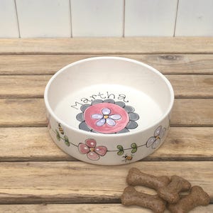 Personalised Hand painted Ceramic Dog or Cat Bowl with Flowers , Small dog bowl, Cat bowl , Flowers, Bees KILN FIRED