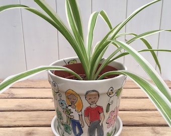 Keramik Übertopf / Blumentopf mit Familienportrait, Paarportrait, Jubiläumsgeschenk, Einweihungsparty