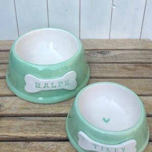Handmade Personalised Earthenware Pet Bowl: Angled Spaniel Bowl in Sorbet Pastel Colours Mint green DOG bowl