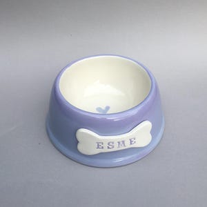 Handmade Personalised Earthenware Pet Bowl: Angled Spaniel Bowl in Sorbet Pastel Colours Purple