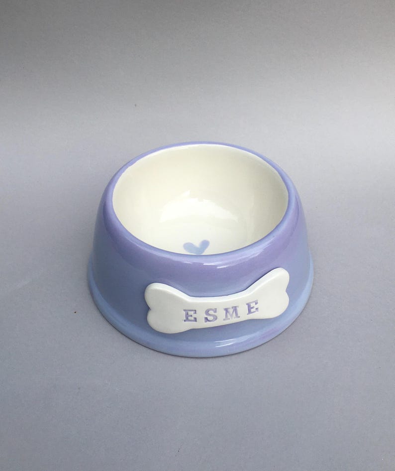 Handmade Personalised Earthenware Pet Bowl: Angled Spaniel Bowl in Sorbet Pastel Colours Purple