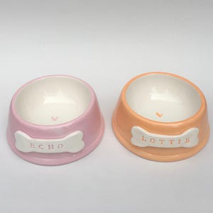 Handmade Personalised Earthenware Pet Bowl: Angled Spaniel Bowl in Sorbet Pastel Colours Orange DOG bowl