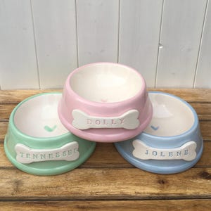 May include: Three ceramic pet bowls in pink, green, and blue with white interiors. Each bowl has a bone-shaped tag with a name on it: Dolly, Tennessee, and Jolene.