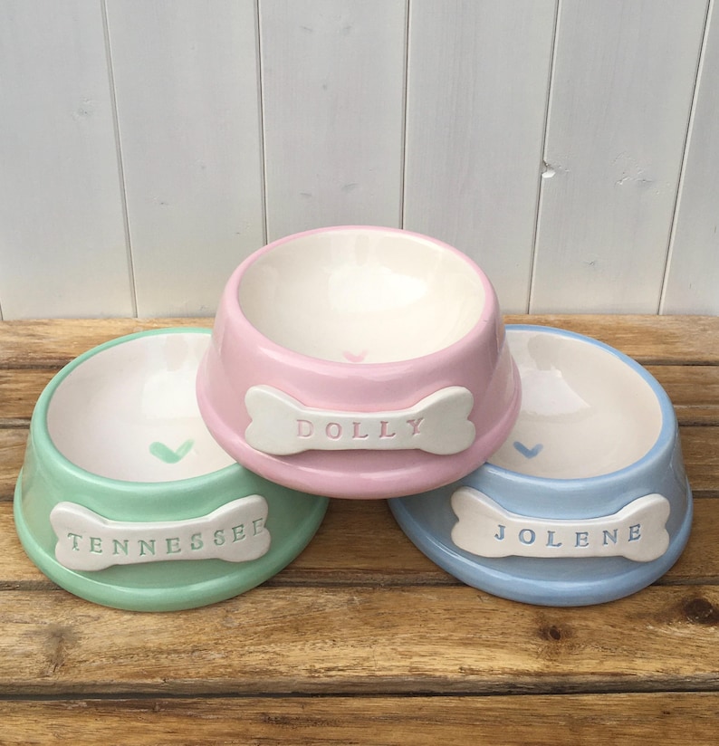 May include: Three ceramic pet bowls in pink, green, and blue with white interiors. Each bowl has a bone-shaped tag with a name on it: Dolly, Tennessee, and Jolene.