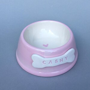 Handmade Personalised Earthenware Pet Bowl: Angled Spaniel Bowl in Sorbet Pastel Colours Pink DOG bowl