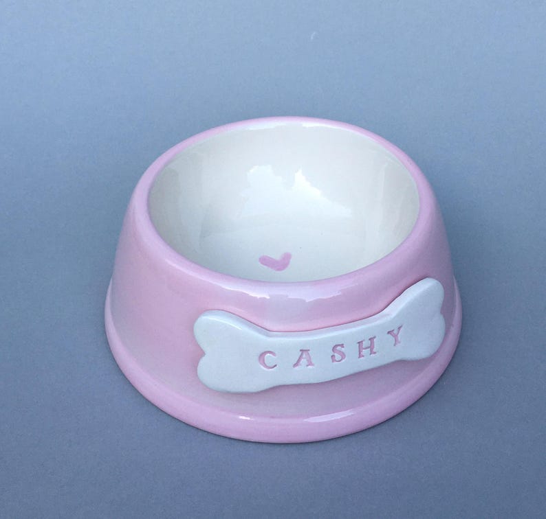Handmade Personalised Earthenware Pet Bowl: Angled Spaniel Bowl in Sorbet Pastel Colours Pink DOG bowl