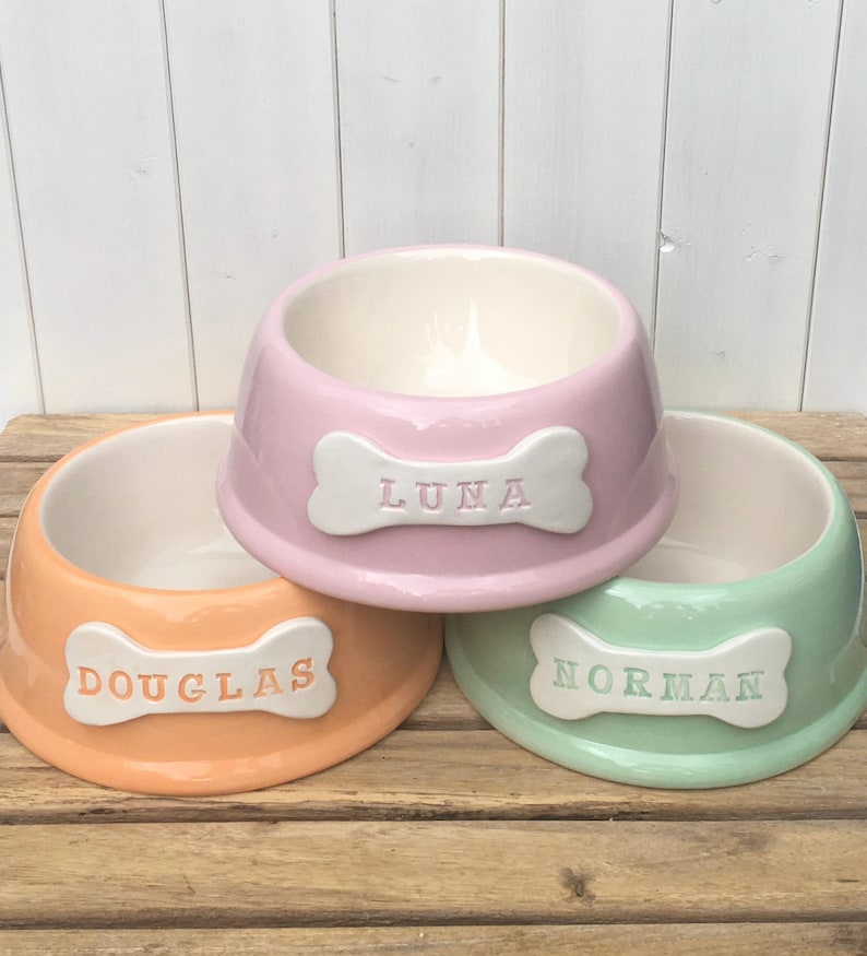 May include: Three ceramic pet bowls in pink, orange, and green with white bone-shaped name tags. The pink bowl says "LUNA", the orange bowl says "DOUGLAS", and the green bowl says "NORMAN".