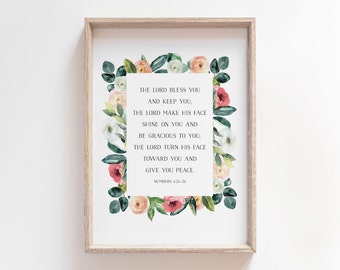 Números 6:24-26 / El Señor te bendiga y te guarde / Arte mural imprimible en verso de la Biblia / Arte de las Escrituras / Regalo cristiano / Acuarela floral