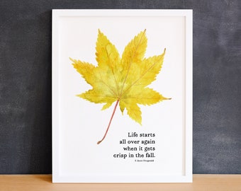Crisp in the Fall | F. Scott Fitzgerald | Fall Printable Wall Art | Autumn Quote | Book Quote | Fall Decor | Watercolor Fall Leaf