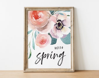 Hello Spring | Spring Printable Wall Art | Watercolor Floral | Spring Quote Art Print | Spring Wall Decor