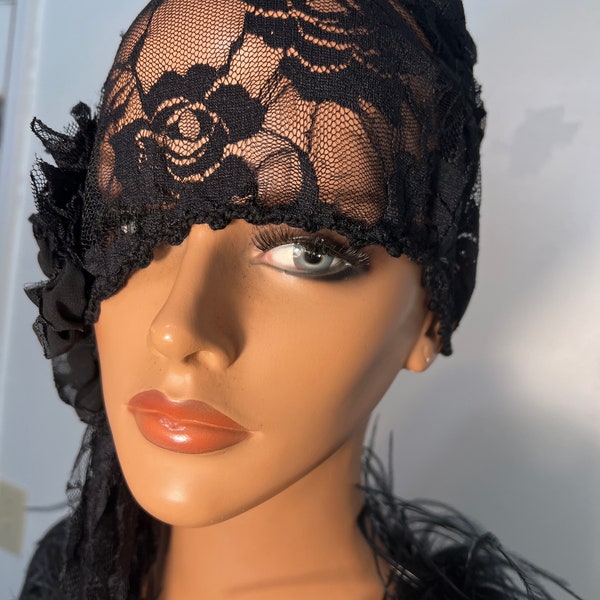 Black Lace Flapper Hat Cloche  1920 style Personalized  Black Headdress Millinery ArtWork   FREE SHIPPING USA