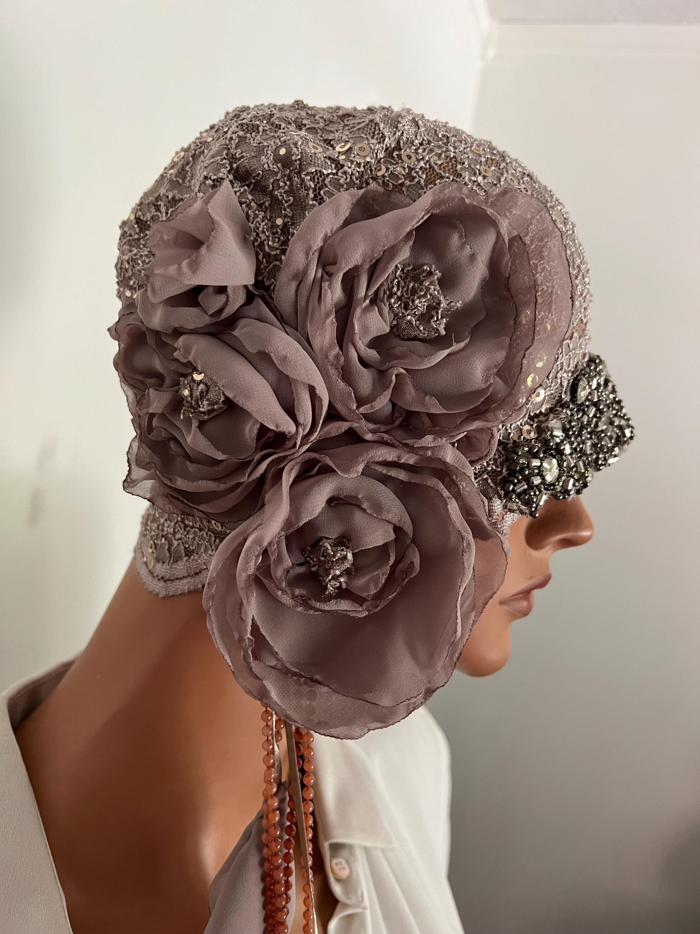 Asymmetrical Cloche Flapper Hat  Lace  Antique style  Wrap Daytime Church Antique Style 1920s Gatsby Flapper Hat Downton Abbey Peach  main image 4