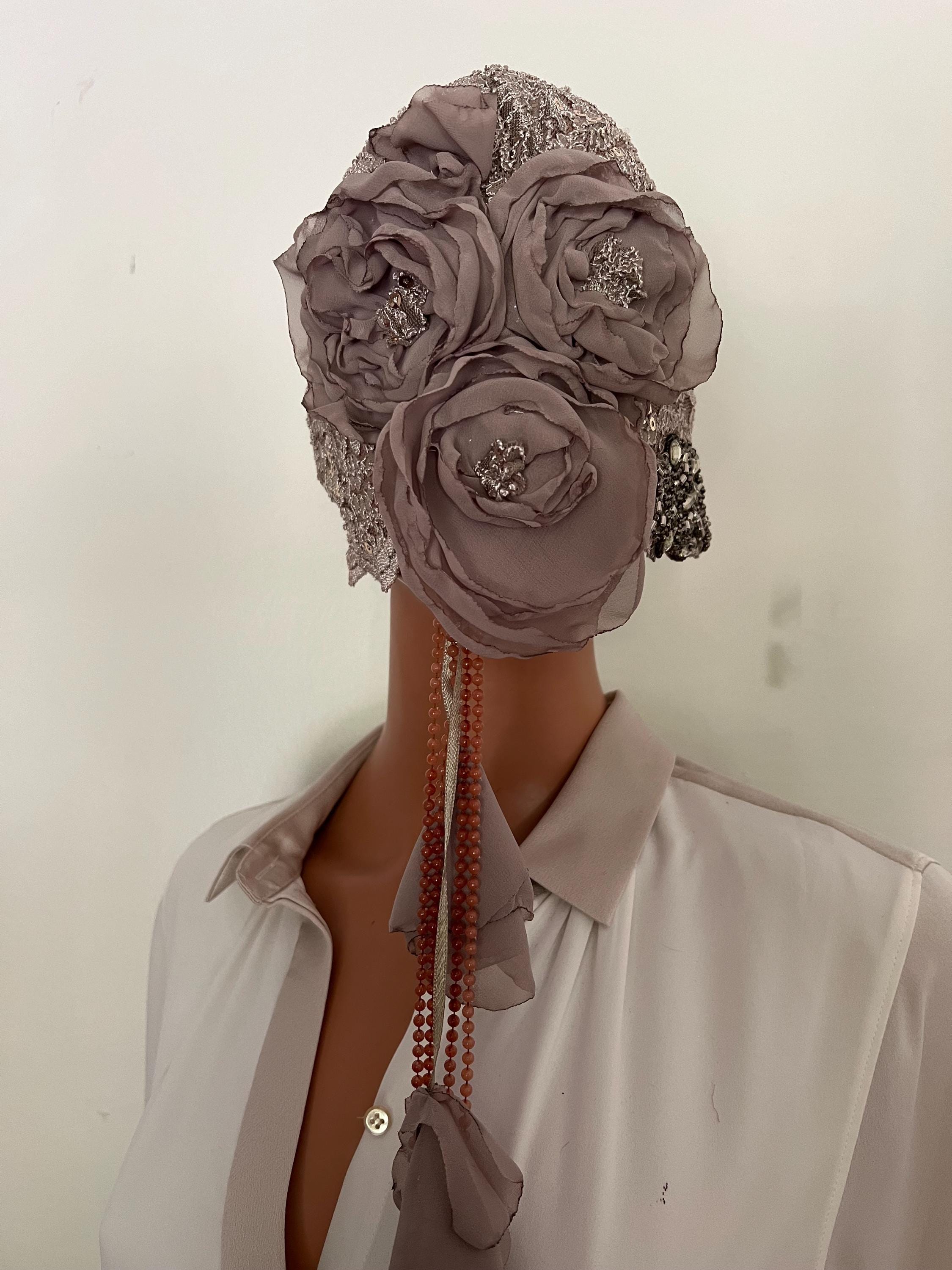 Asymmetrical Cloche Flapper Hat  Lace  Antique style  Wrap Daytime Church Antique Style 1920s Gatsby Flapper Hat Downton Abbey Peach  main image 3