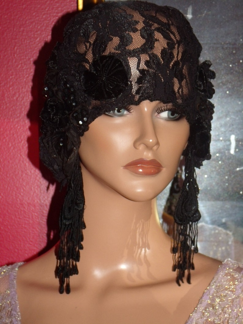 Flapper Hat Cloche 1920 style Personalized Black Headdress Millinery ArtWork FREE SHIPPING USA image 3