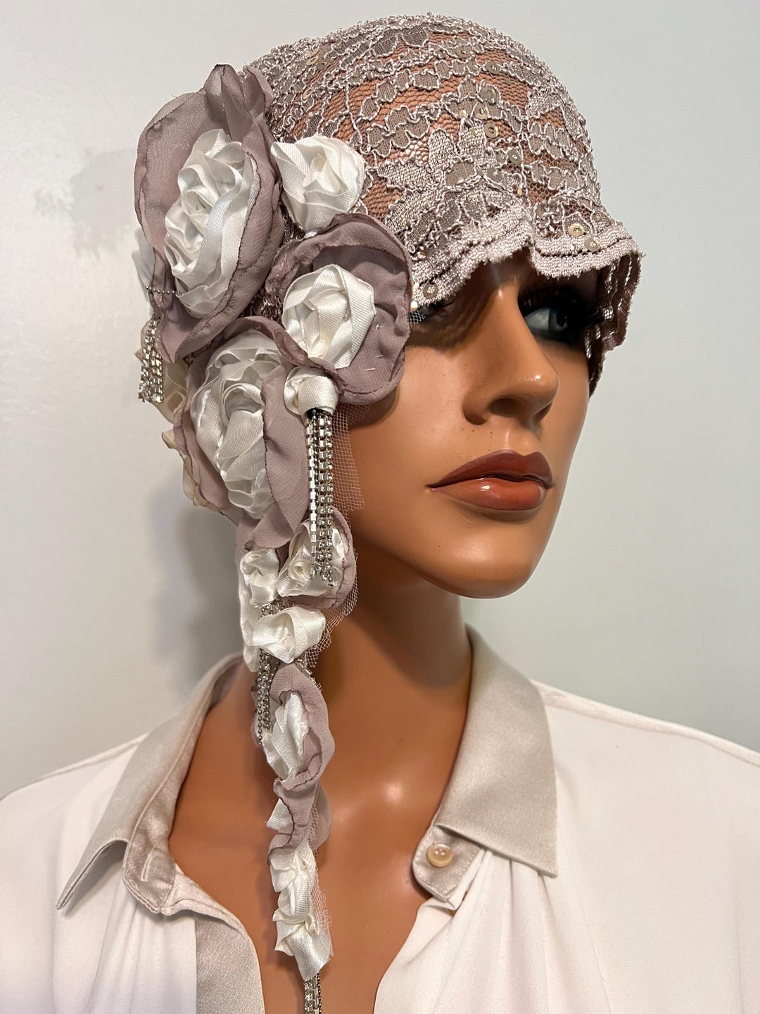 Lace Flapper Cloche Hat: Handmade Antique Style Taupe Floral  display picture 2