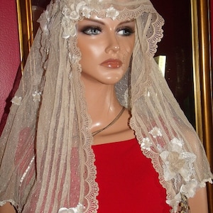 Antique style Mantilla Veil Flapper Wrap  Aristocratic Ladies  Tan Mantilla FREE SHIPPING USA