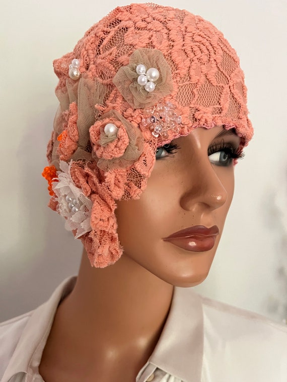 Church   Daytime Flapper Hat Cloche Lace Antique style Wrap Asymmetrical Cloche Flapper Hat Lace Antique Style Wrap  main image 2
