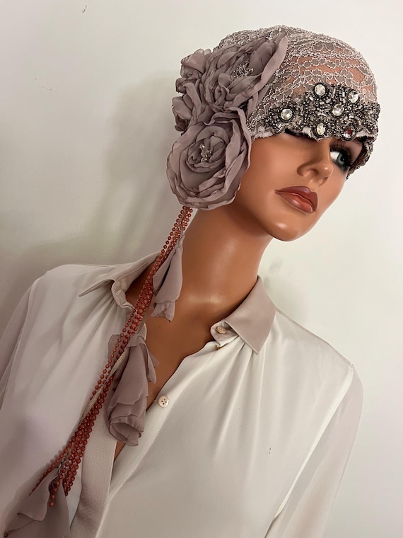 Asymmetrical Cloche Flapper Hat Lace Antique Style Wrap 