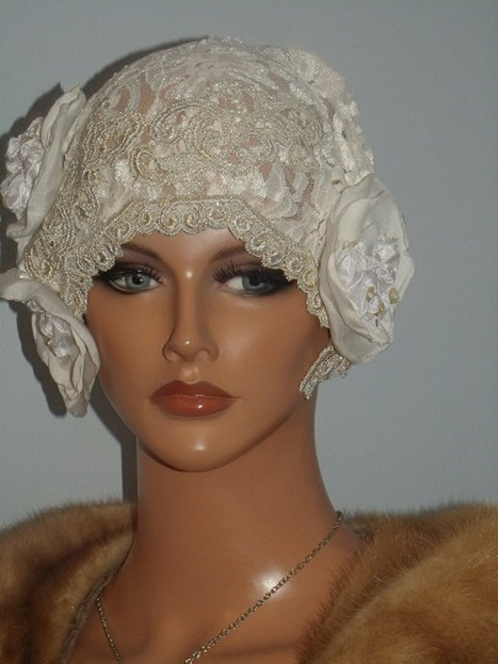 Flapper Hat Cloche Lace Antique style Wrap Wedding 20s Etsy