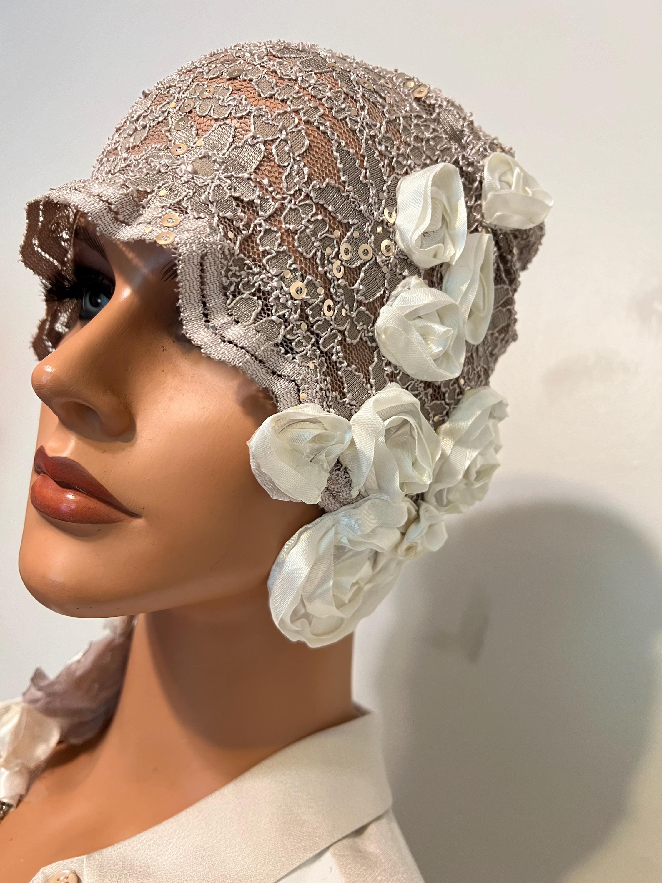 Lace Flapper Cloche Hat: Handmade Antique Style Taupe Floral  display picture 1