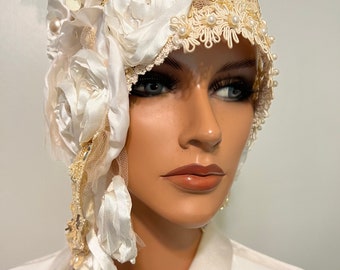Lace Flapper Cloche Hat: Handmade Antique Style Taupe Floral 