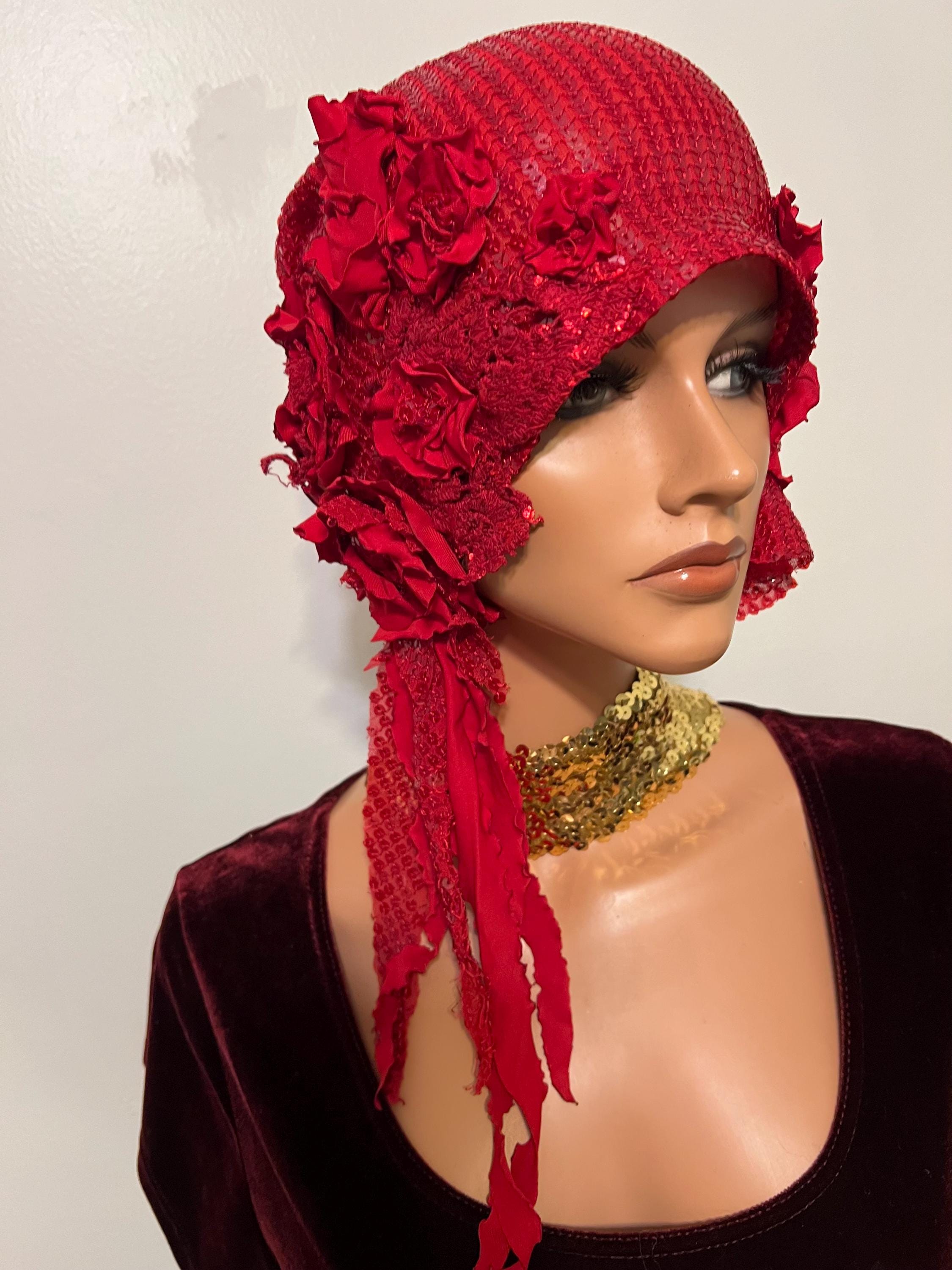 Red sequin Wrap 1920s Hat Flapper Cloche Hat Free shipping USA