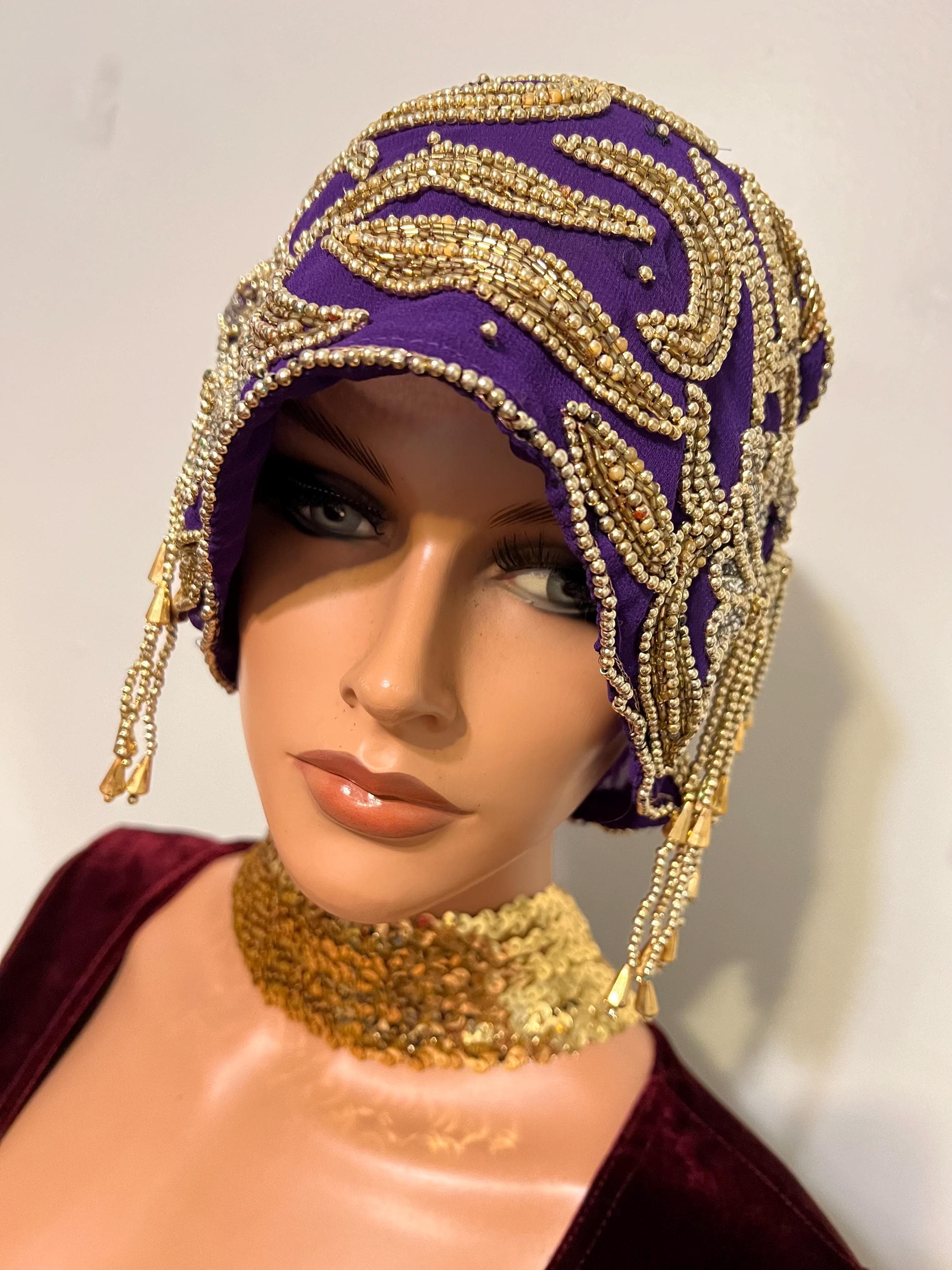 Purple Gold Flapper Cloche Hat: Handmade Beaded 1920s Style 